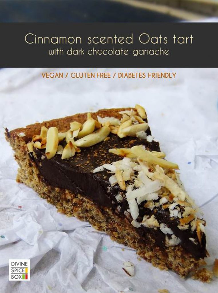 Cinnamon scented oats tart with dark chocolate ganache